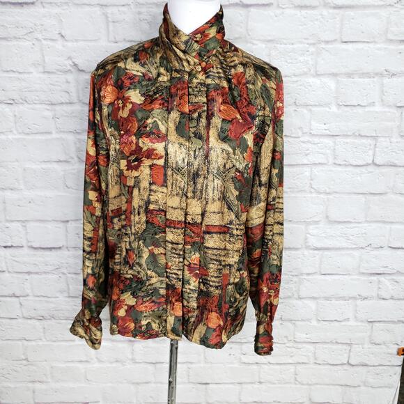 Vintage High Neck Gold Red Green Polyester Blouse Sz 6 - Picture 13 of 14